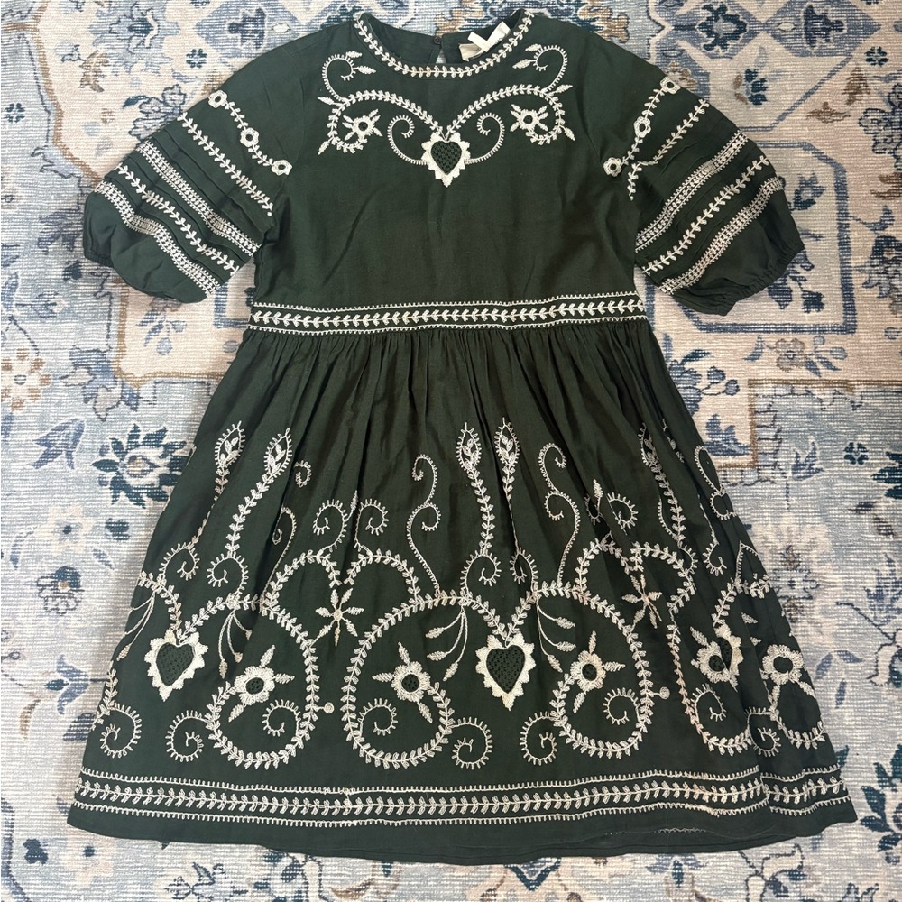 THE GREAT. Forest Green Dress with White Embroidery